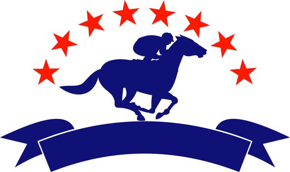 illustration of a horse and jockey racing silhouette with scroll in front and stars in background isolated on white
