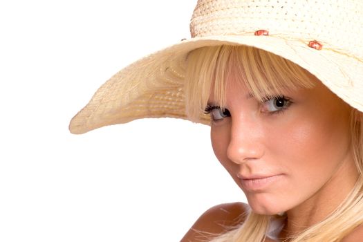Young blond Woman wearing straw hat isolated on white