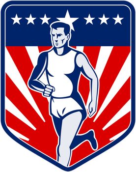  illustration of a Marathon runner done in retro style with american flag stars and stripes and sunburst in shield background