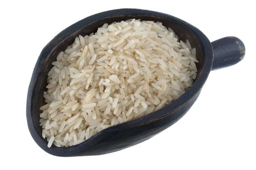 aromatic, long grain, Jasmine white rice grown in Thailand on a rustic wooden scoop, isolated on white