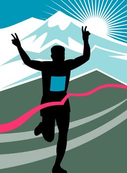 illustration of a silhouette of Marathon runner flashing victory hand sign done in retro style with mountains and sunburst and finish line ribbon tape