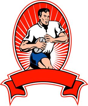 illustration of a rugby player running with ball set inside oval with scroll ribbon.