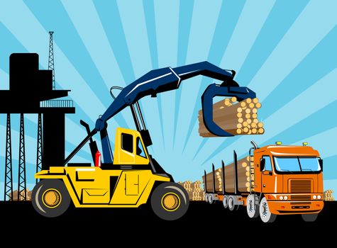 retro style illustration of an articulated logging truck being loaded logs by a forklift truck or hoist crane with building and lumberyard in background done in retro style