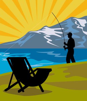 illustration of a Fly fisherman fishing with fly rod and reel with lake and mountains and sunburst in background and folding chair in the foreground done in retro style