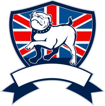 illustration of a Proud English bulldog marching with Great Britain or British flag in background set inside a shield with ribbon or scroll in foreground