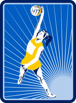 illustration of a Netball player rebounding jumping for ball with sunburst in background