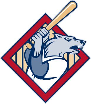 illustration of a cartoon Wild dog or wolf playing baseball batting with bat set inside a diamond