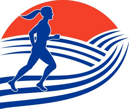 illustration of female marathon runner running side view with mountains in background
