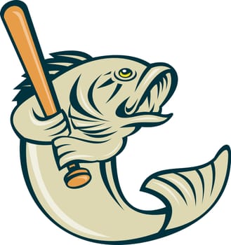 cartoon illustration of a largemouth bass fish playing baseball batting isolated on white