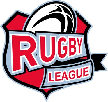 illustration of a rugby ball set insilde shiled with words "rugby league"