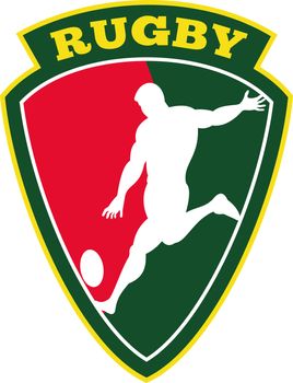 illustration of rugby player kicking ball inside shield