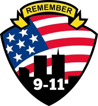 illustration of a shield with american flag stars and stripes and 9-11 World Trade Center building silhouette with words Remember 9-11