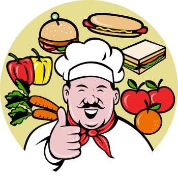 illustration of a Cartoon Chef cook baker with mustache  thumbs up facing front view with fruit vegetable food sandwich apple orange capsicum carrots hotdog hamburger in background