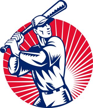 illustration of a Baseball player holding bat with sunburst in background set inside circle done in retro woodcut style.