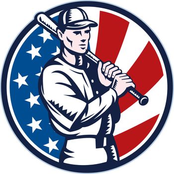 illustration of a Baseball player holding bat with american stars and stripes flag in background set inside circle done in retro woodcut style.