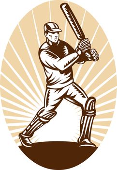 illustration of a cricket batsman batting front view done in retro woodcut style
