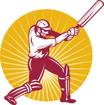 illustration of a cricket batsman batting side view done in retor woodcut style