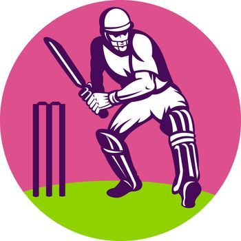  illustration of a cricket sports batsman batting viewed from front set inside circle with wickett in background