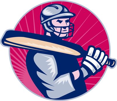 illustration of a cricket player batsman holding bat set inside circle sunburst in background done in retro woodcut style