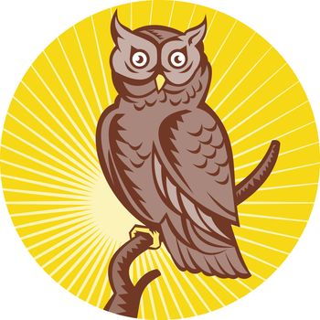 illustration of a Great Horned Owl perching on branch done in retro woodcut style