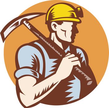 illustration of a Coal miner at work with pick ax done in retro woodcut style