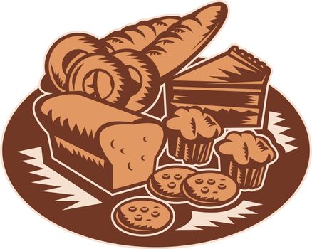 retro style illustration of pastry products showing loaf of bread,muffin,slice of cake,cookies,donut done in retro style
