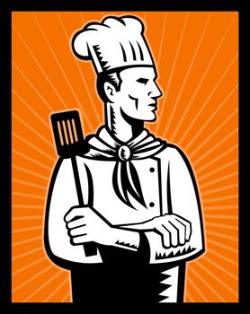 illustration of a Retro Chef cook holding spatula looking with arms folded 