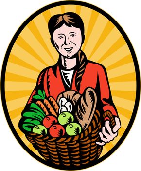 illustration of a female organic farmer holding a basketful of crop harvest of fruits, vegetables, poultry and bread done in retro woodcut styl