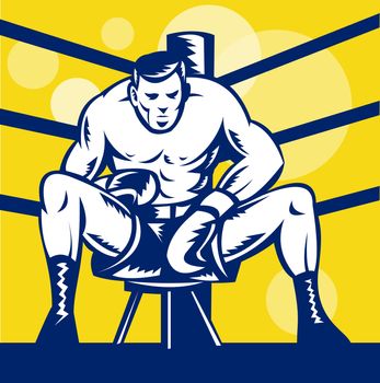 illustration of a Boxer sitting on stool front view inside boxing ring in square format done in retro woodcut style