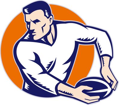 illustration of a rugby player running with ball isolated on white done in retro woodcut style