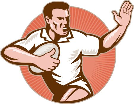 illustration of a rugby player running with ball fending off with sunburst in background isolated on white done in retro woodcut style