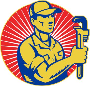 illustration of a Plumber holding monkey wrench standing front view set inside circle with sunburst done in retro style