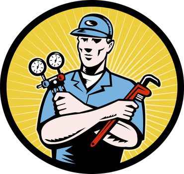  illustration of a repairman or air conditioning  aircon a/c  serviceman holding an ac manifold gauge and pipe  wrench done in retro woodcut style set inside oval with sunburst