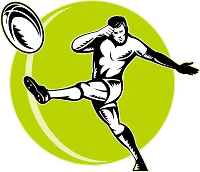 illustratoion of a rugby player kicking ball retro woodcut style.