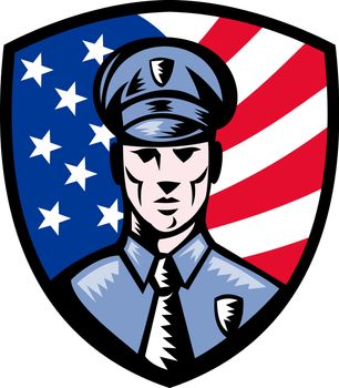 illustration of a Policeman Police Officer facing front with American stars and stripes flag in background set inside shield isolated on white.