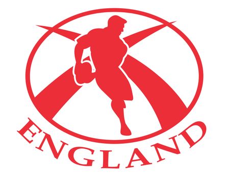 illustration of a rugby player passing the ball side view set inside oval or ball with English flag and words England