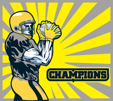 Illustration of an American football player quarterback about to throw winning pass with words "champions"