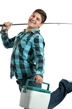 A young man poses with his fishing reel and beer cooler isolated over a white background.