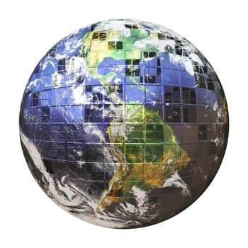 A gridded 3D illustration of the earth covered in square shapes over its frame isolated over white. The square spaces make nice areas for other images.