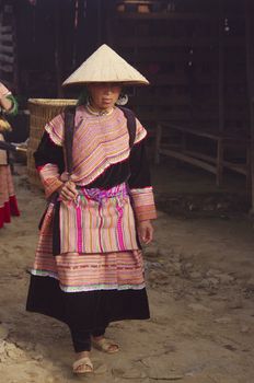 Woman Hmong flower market of Can Cau. She has come a long walk to shop. The typical hood in the back