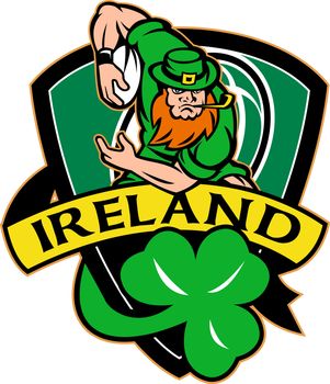 illustration of an Irish leprechaun or rugby player running with ball wearing hat with shamrock or clover leaf  and shield with words "Ireland"