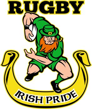 illustration of a cartoon Irish leprechaun rugby player running with ball wearing hat isolated on white background with scorll and words "Irish Pride rugby"