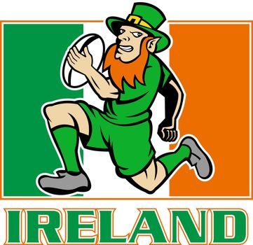 illustration of a cartoon  Irish leprechaun or rugby player running with ball wearing hat with flag of  Ireland in background