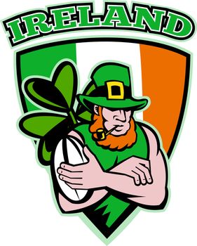 illustration of an Irish leprechaun or rugby player arms crossed with ball wearing hat with shamrock or clover leaf  and shield flag of Ireland.