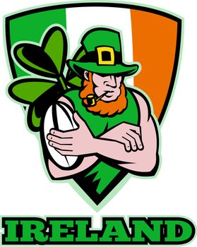 illustration of an Irish leprechaun or rugby player arms crossed with ball wearing hat with shamrock or clover leaf  and shield flag of Ireland.