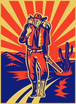 retro style illustration of a Cowboy carrying backpack and rifle walking with desert mountains and cactus in background