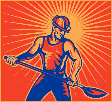 illustration of a Coal miner worker at work with spade shovel front view  done in retro woodcut style with sunburst in background