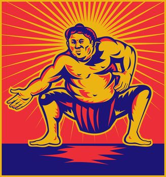 illustration of a Sumo wrestler crouching facing front with sunburst in background done in retro woodcut style.