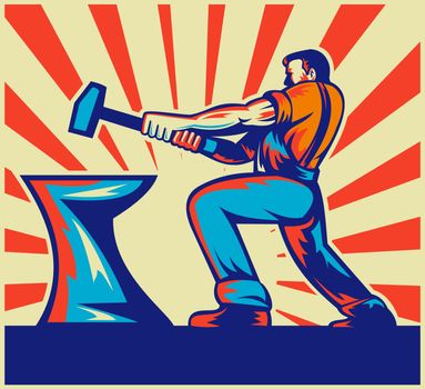 illustration of a male worker or blacksmith striking hammer and anvil with sunburst in background done in retro style