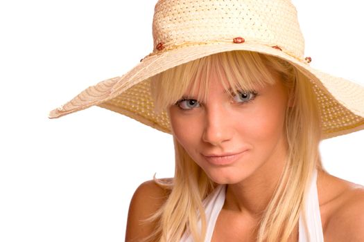 Young blonde Woman wearing straw hat isolated on white